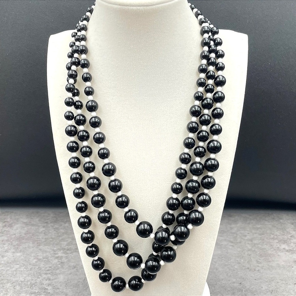 VTG Multi Strand Black Bead Necklace White Spacer Tiered Layered Statement Boho